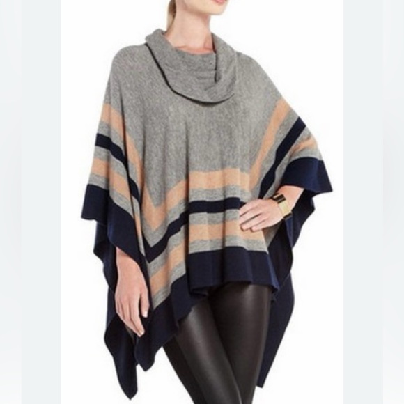 BCBGMaxAzria Sweaters - BCBGMaxAzria Wyona Poncho Sweater Grey Navy Tan Stripe‎ 100% Lambswool One Size